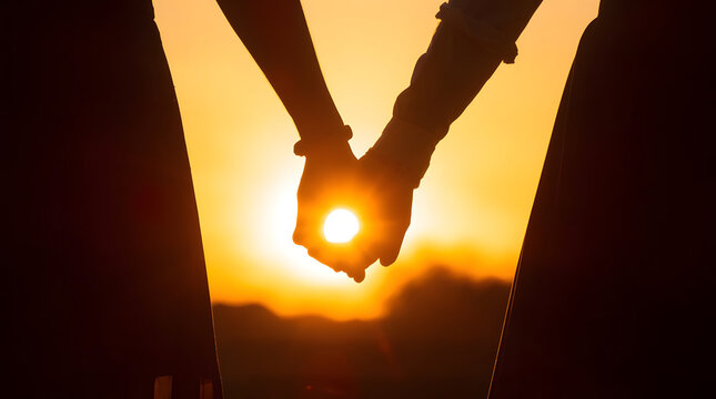 Couple holding hands at sunset with warmth and love in the background