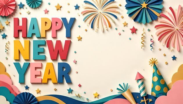 Happy new year greeting card background with colorful paper letters fireworks and party decorations holiday background paper craft party hats paper fans fireworks