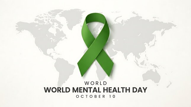 Green ribbon for world mental health day with global map background