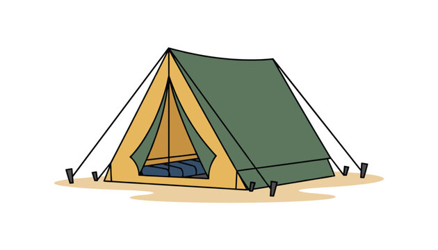 Classic green and yellow camping tent with sleeping bags inside pitched on a sand patch over white background.
