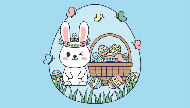 Cute cartoon easter bunny winks happily beside a wicker basket overflowing with colorful decorated eggs on a blue background.