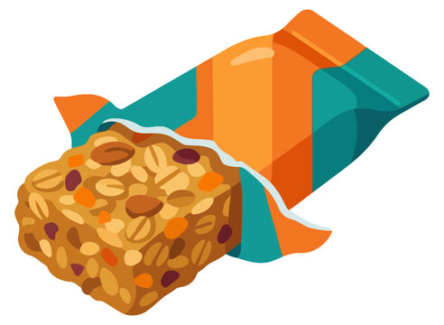 A delicious granola bar with nuts and dried fruits, partially unwrapped from its colorful packaging, isolated on white background