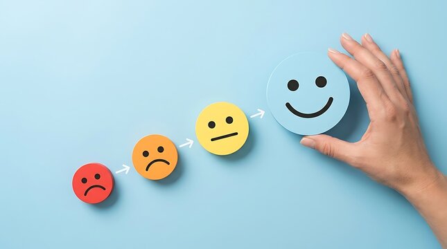 Hand choosing a happy smiley face icon for customer satisfaction rating