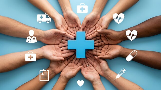 Diverse hands holding a blue medical cross with healthcare icons