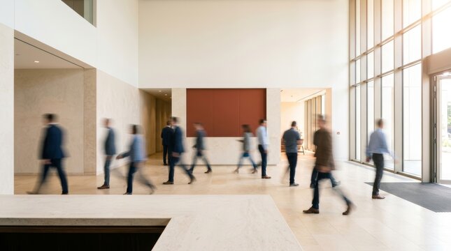 Long-exposure motion blur of business people walking through a modern corporate office lobby with a red accent wall. Contemporary workplace architecture and corporate lifestyle