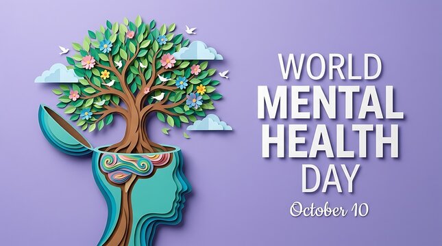 World mental health day concept with tree growing from human head paper art