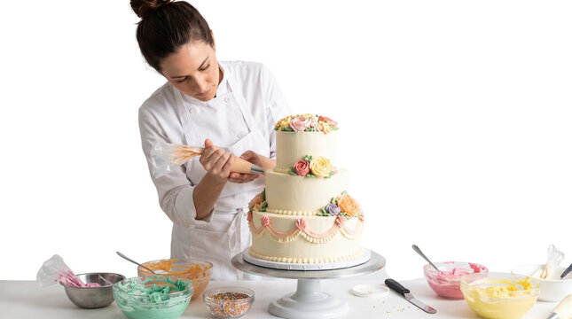 Professional pastry chef decorating a beautiful three tiered wedding cake using colorful buttercream piping bag techniques