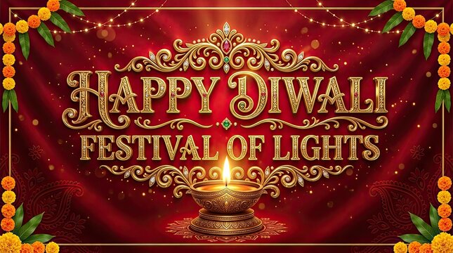 Luxury Golden Happy Diwali Festival of Lights Banner with Red Silk and Marigold Border