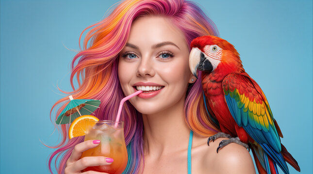 Cheerful young woman with vibrant rainbow hair sipping tropical cocktail while scarlet macaw parrot sits on her shoulder. Summer vacation and exotic travel concept.