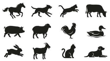 Obraz premium Collection of domestic animal silhouettes including horse, dog, cat, cow, pig, sheep, rooster, duck, rabbit, goat, and more.