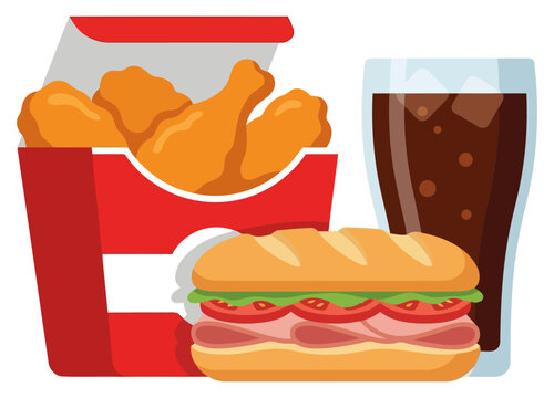 Fast food combo with fried chicken in a red box, a fresh sandwich, and a glass of cola