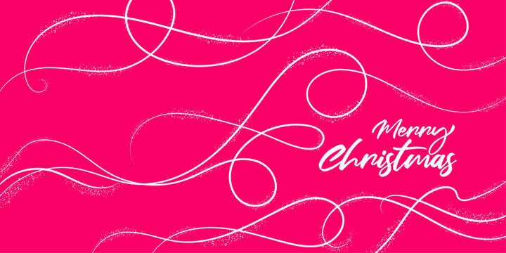 Pink christmas card background with abstract white swirls. merry christmas typography lettering greeting. festive winter holiday wallpaper banner design. decorative glowing magic vector lines