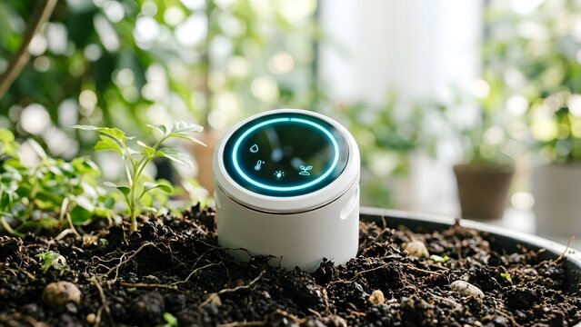 Smart device monitors plant growth and soil conditions with glowing interface in organic garden setting