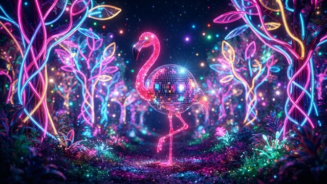 Whimsical flamingo with disco ball body in a neon forest