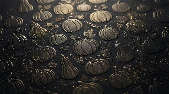 Dark textured background, with a repeating, pattern of embossed, pumpkins and autumn, leaves with subtle, golden glitter specks, on a black surface