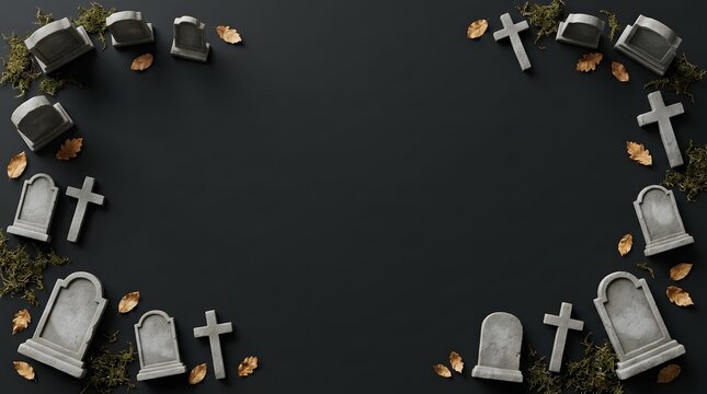 Halloween background with miniature gravestones and crosses forming a frame on black surface