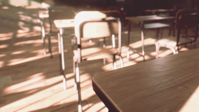 Desks are arranged in a classroom with sunlight streaming through the windows in the afternoon. The room is quiet and shows signs of recent use.