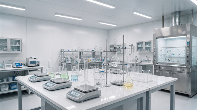 Laboratory equipment arranged on white workbenches in sterile research facility. Modern pharmaceutical manufacturing plant with glass beakers and digital scales.