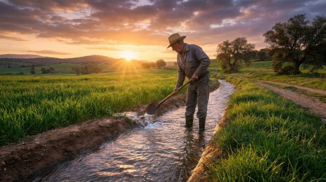 Farmer using a shovel to irrigate a green wheat field at a golden sunset with farmer standing narrow irrigation ditch directs water green field sunset agriculture cultivation countryside sunlight