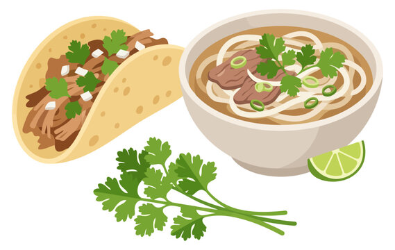 Set of traditional dishes including a taco, a bowl of pho noodle soup, and fresh cilantro sprigs, vector illustration