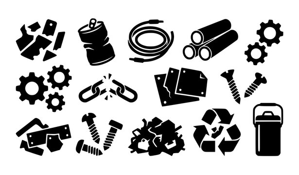 Industrial Scrap Metal Recycling Icons Black Cutout Vector Symbols Collection