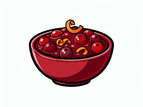 Cranberry sauce in a red bowl garnished with orange peel twists is presented as a graphic food illustration.