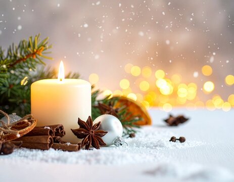 Kerze zwischen Tannenzweigen und Christbaumkugeln im Schnee f&uuml;r besinnliche Weihnachtsgr&uuml;&szlig;e, Dekoration und winterliche Werbung