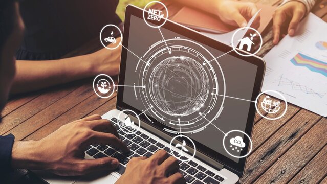 Net zero and sustainability concepts with environmental balance, digital sustainability icons, green energy goals, and eco-conscious digital business transformation for the future. Gist