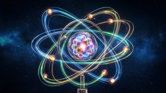 Glowing atom model with orbiting electrons representing quantum physics and science research.