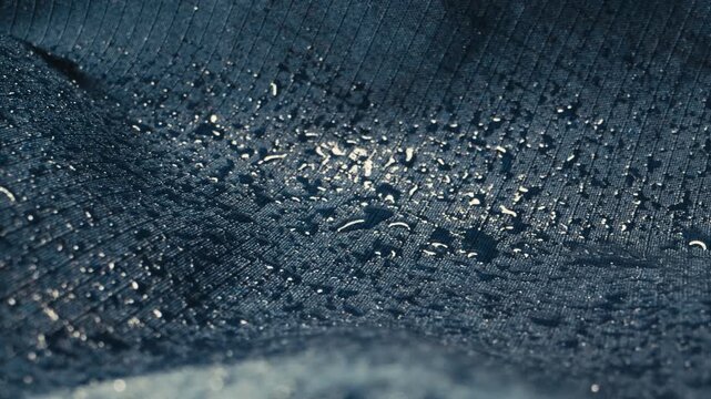 Fabric waterproof jacket hiking close up rain drops texture outdoor material macro detail
