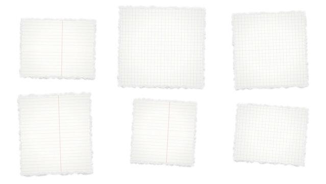 Collection of six white graph paper rectangles with rough torn edges isolated on a black background, for various educational, writing purposes