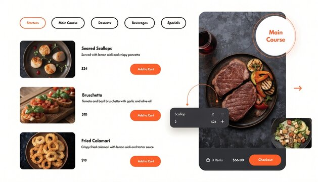 Restaurant digital menu interface, category navigation bar, rich food images, floating cart summary bar.  
