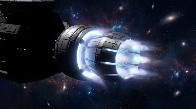 Futuristic spaceship ion engine thruster glowing in deep space galaxy travel background