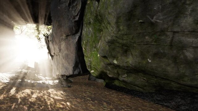 Sunlight beams through a narrow opening in a cave, illuminating the rocks and ground. Surrounding trees create a natural border around the caves entrance.