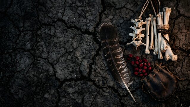 Mysterious occult ritualistic objects on cracked earth, concept of ancient shamanism and spiritual practices