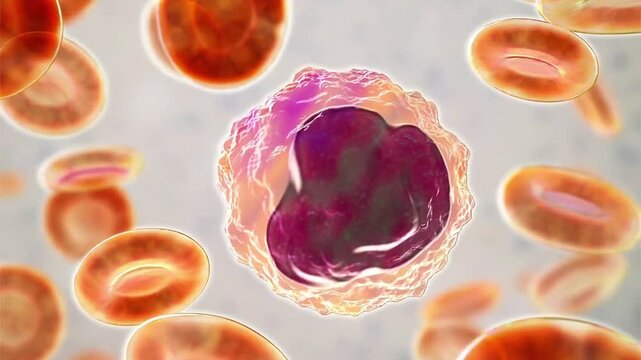 Monocyte, 3D animation of a large white blood cell with a folded nucleus circulating among red blood cells in blood.