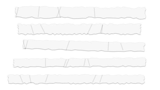Five horizontal strips of white torn paper with rough edges arranged in parallel rows against a solid black background, for texture
