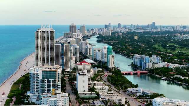 Aerial video Miami Beach highrise condominiums by Indian Creek 63rd Street bridge