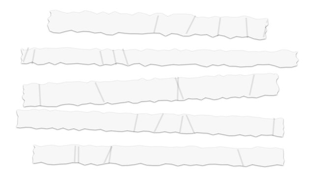 Five horizontal strips of white torn paper with rough edges arranged in parallel rows against a solid black background, for texture