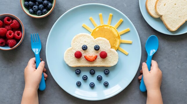 Creative Kids Breakfast with Cloud Bread and Fruit Sun on Blue Plate