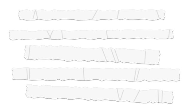 Five horizontal strips of white torn paper with rough edges arranged in parallel rows against a solid black background, for texture