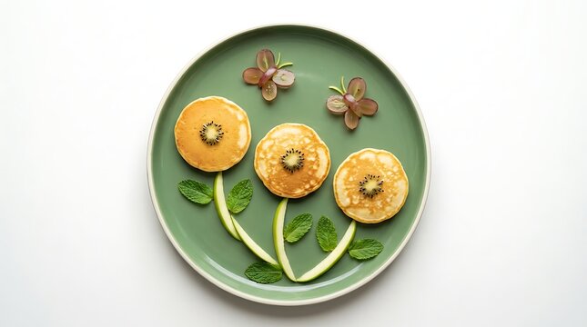 Creative pancake art shaped like flowers with fruit on green plate
