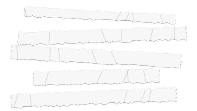 Five horizontal strips of white torn paper with rough edges arranged in parallel rows against a solid black background, for texture