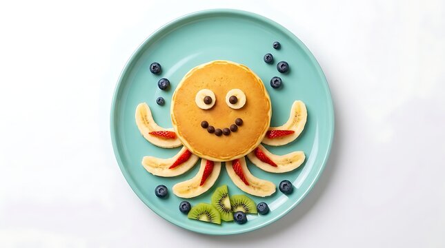 Cute Octopus Pancake Art Breakfast with Fresh Fruit for Kids