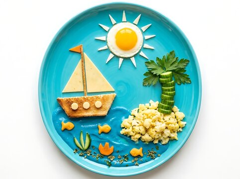 Fun kids breakfast shaped like a tropical island with sailboat