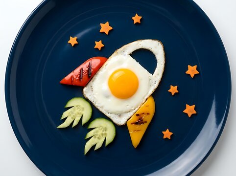 Fun Spaceship Fried Egg Breakfast for Kids on Blue Plate