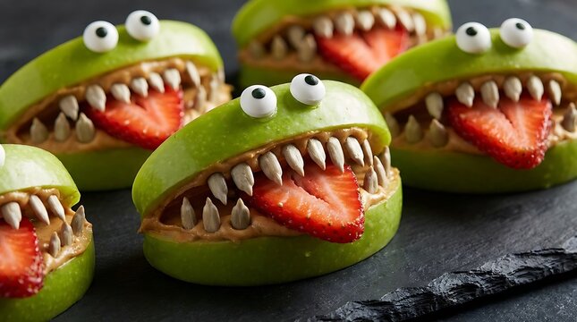 Funny apple monster snacks with peanut butter and strawberry for kids