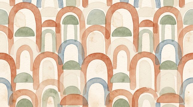 Abstract watercolor seamless pattern with terracotta, sage green and blue arches, handpainted boho style wallpaper background