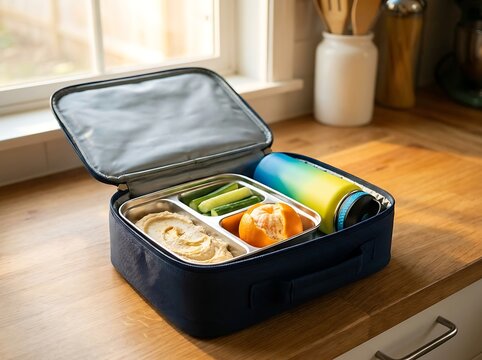 Open lunch bag with bento box and water bottle on kitchen counter