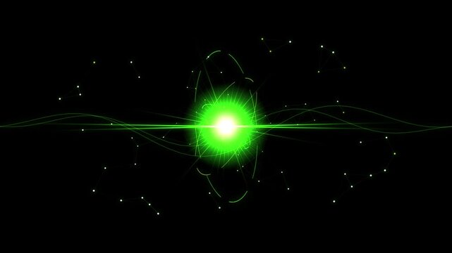 Glowing green atom nucleus with orbiting electrons and particles abstract science technology